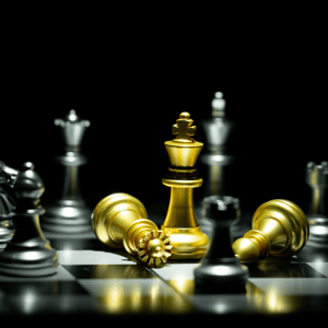 A chess game with gold and silver pieces