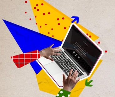 Someone using a laptop with colourful shapes coming out of it