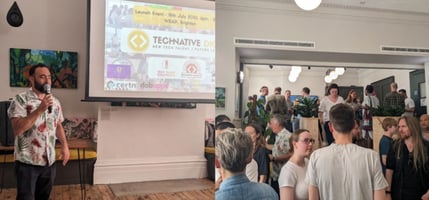 Dan giving a presentation and a busy party scene