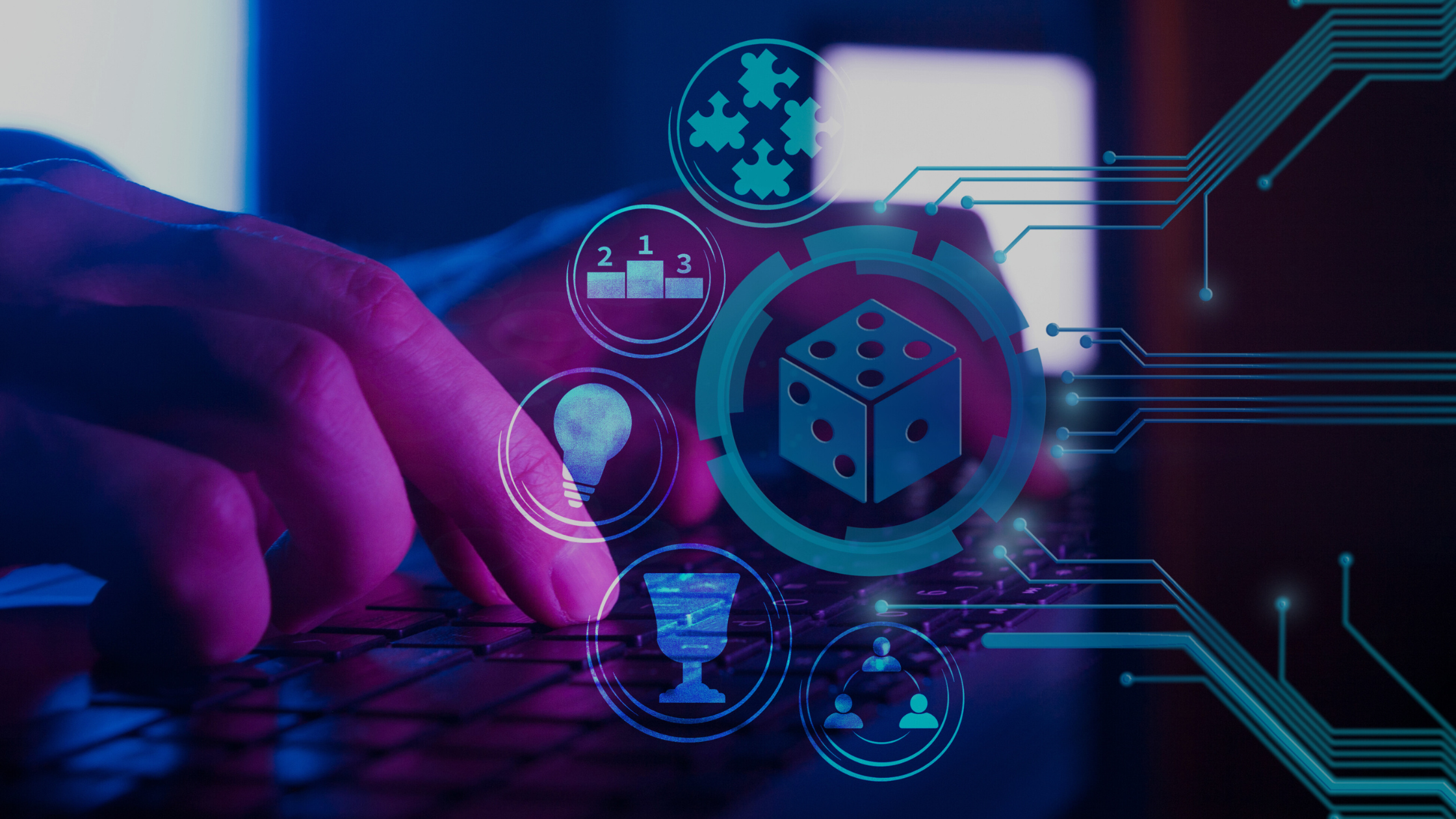 In blue and purple lighting a person types with an overlay of dice, puzzle piece, lightbulb, trophy and connected user icons.