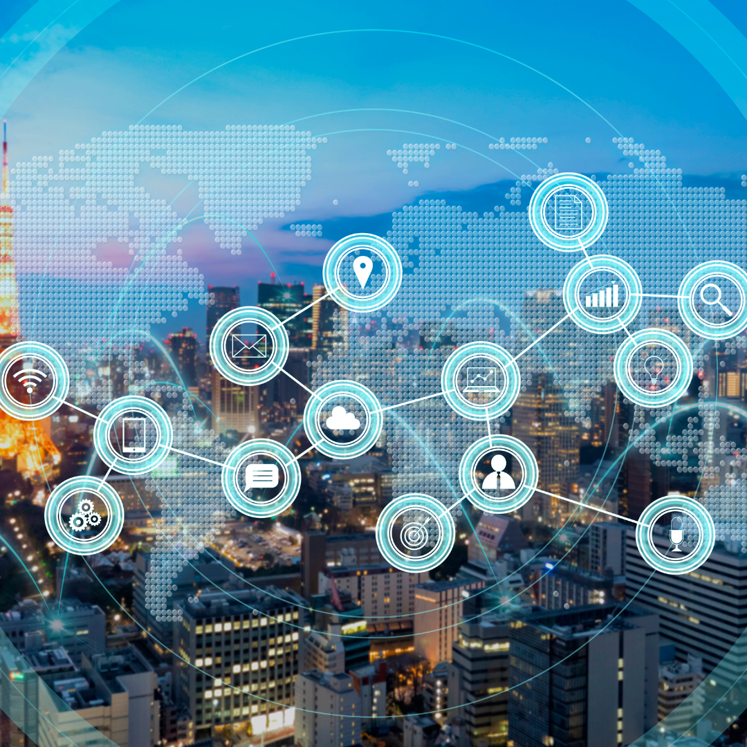 Tech icons connected over a city background