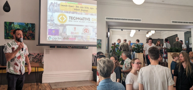 Dan giving a presentation and a busy party scene